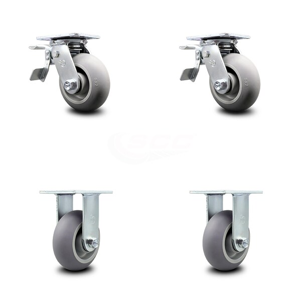 5 Inch Thermoplastic Rubber Caster Set with Ball Bearings 2 Brakes 2 Rigid SCC